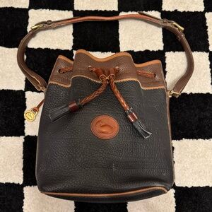 Dooney & Bourke Vintage Teton Drawstring Black & Brown Leather Bucket Bag Purse